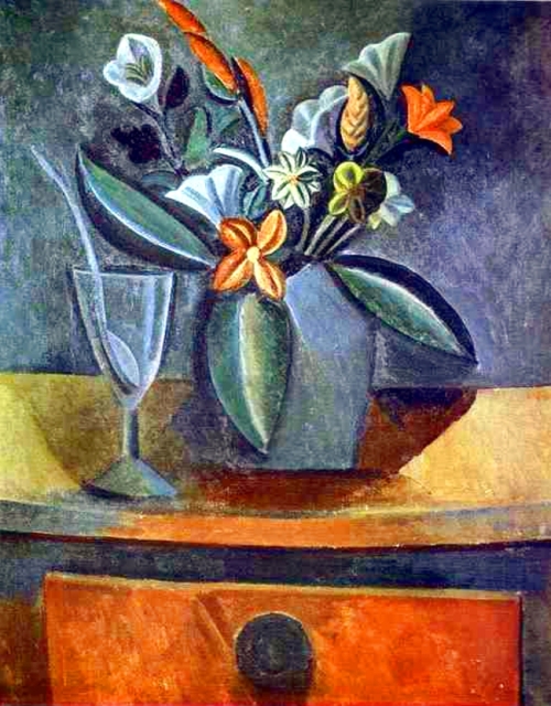 pablo-picasso-flowers-in-a-grey-jug-and-wine-glass-with-spoon-1908-oil-on-canvas-the-hermitage-st-petersburg-russia